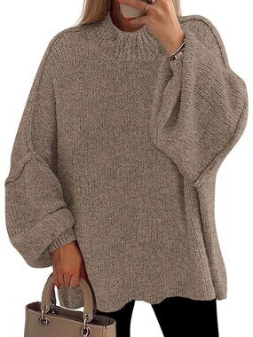 Women Dark Khaki Oversized Mock Neck Drop Shoulder Chunky Knit Slouchy Sweater